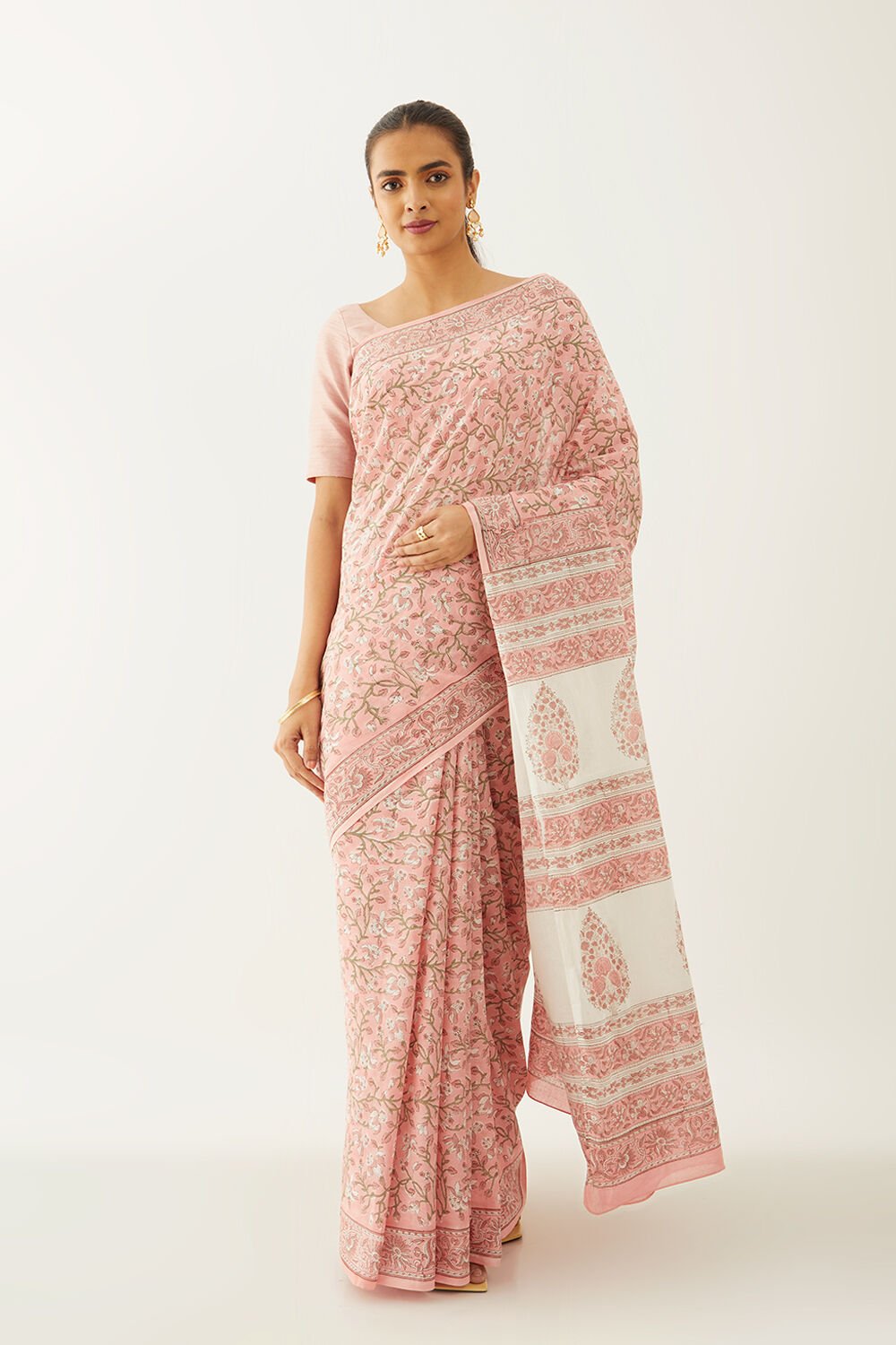 Pink Pure Cotton Block Print Saree image number null