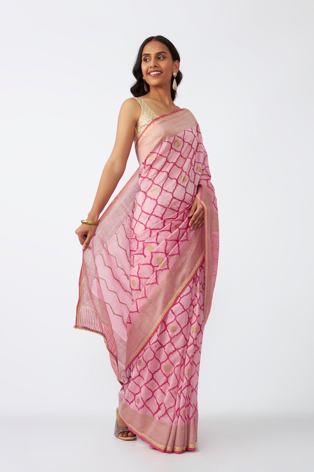 Pink Pure Silk Cotton Hand Printed Saree image number null