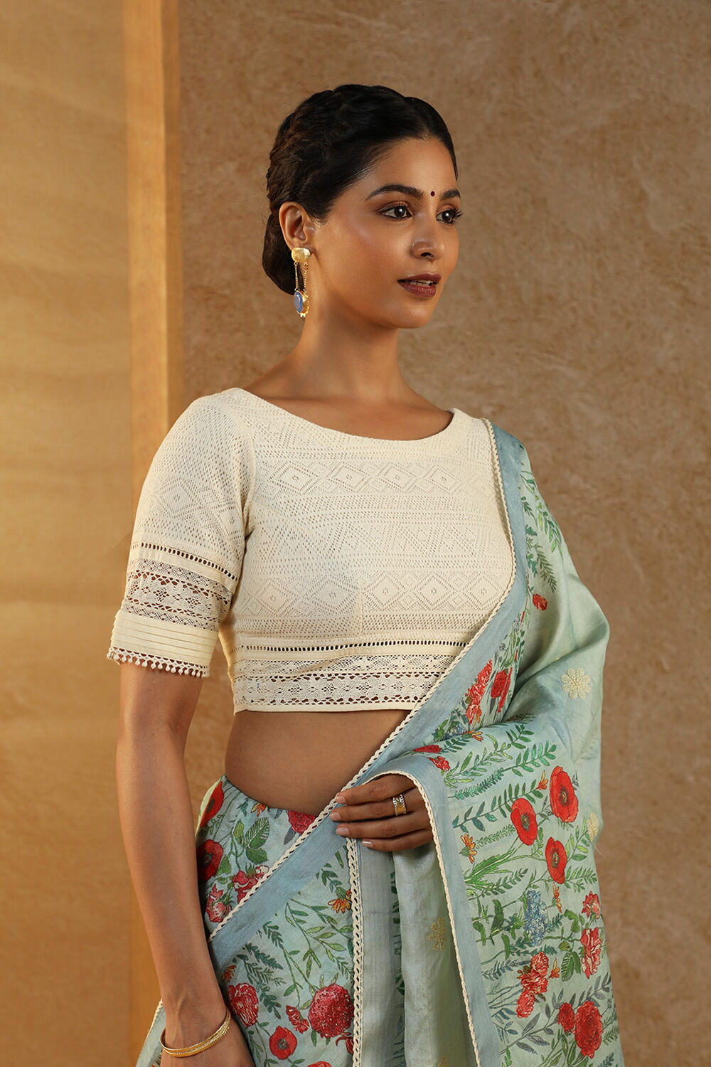 Off White Pure Cotton Embroidery Schiffli Blouse image number null