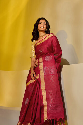 Dark Red Woven Pure Soft Silk Saree image number