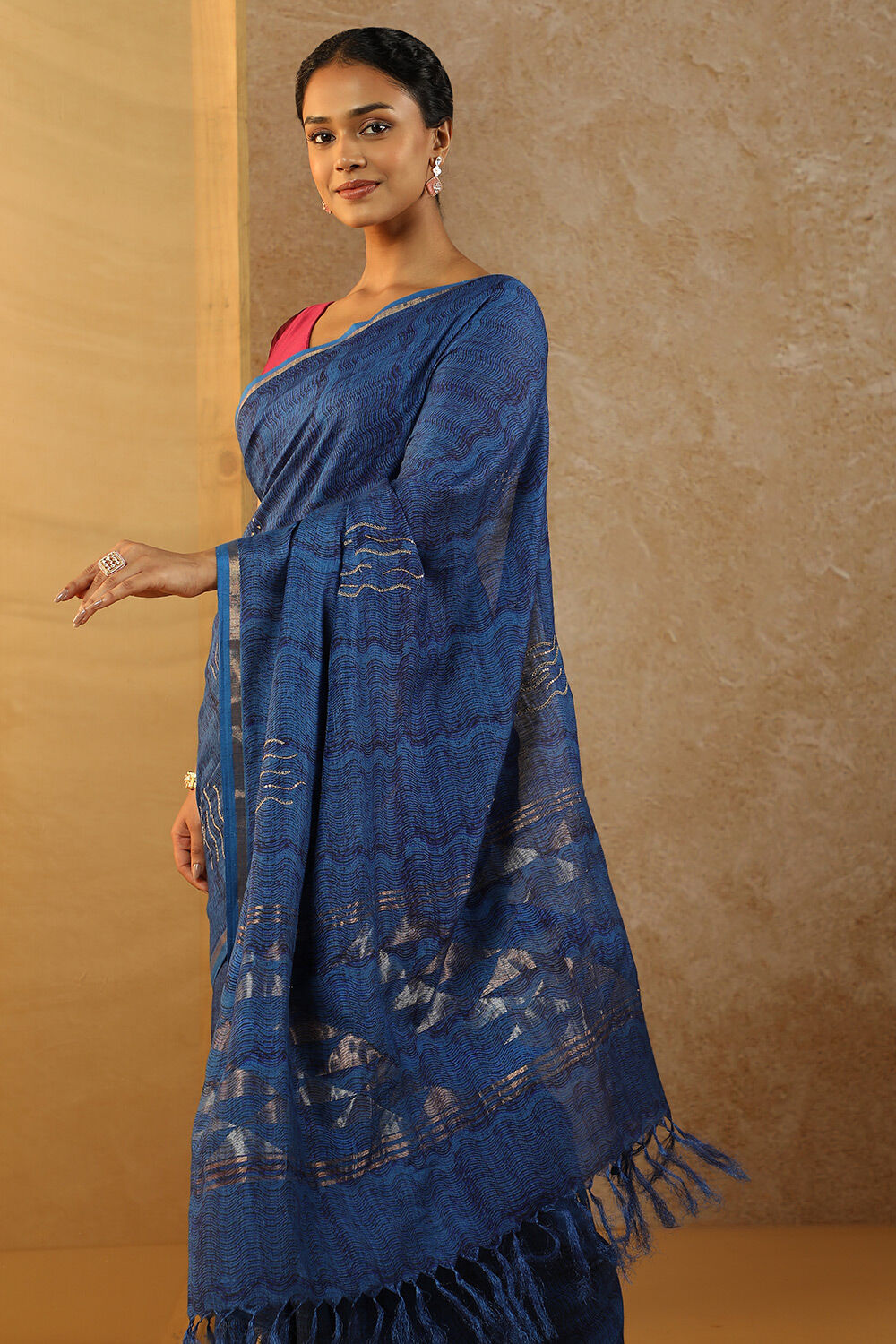Blue Pure Tussar Silk Hand Painted Saree image number null