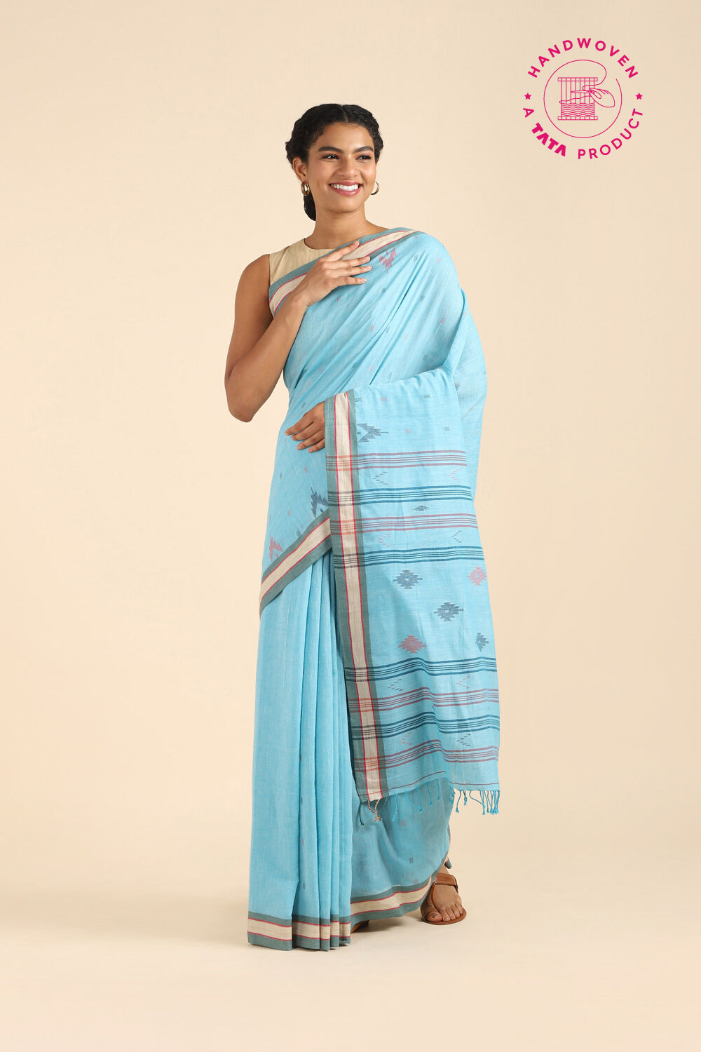 Blue Pure Khadi Cotton Jamdani Saree image number null
