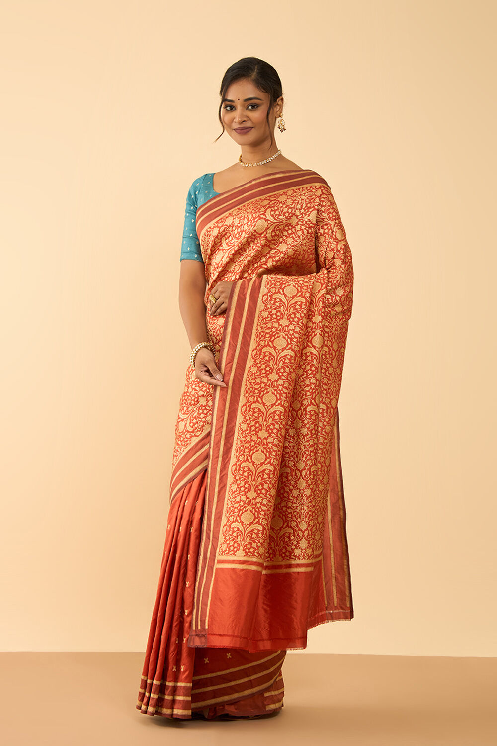 Dark Orange Pure Silk Cutwork Banarasi Saree image number null