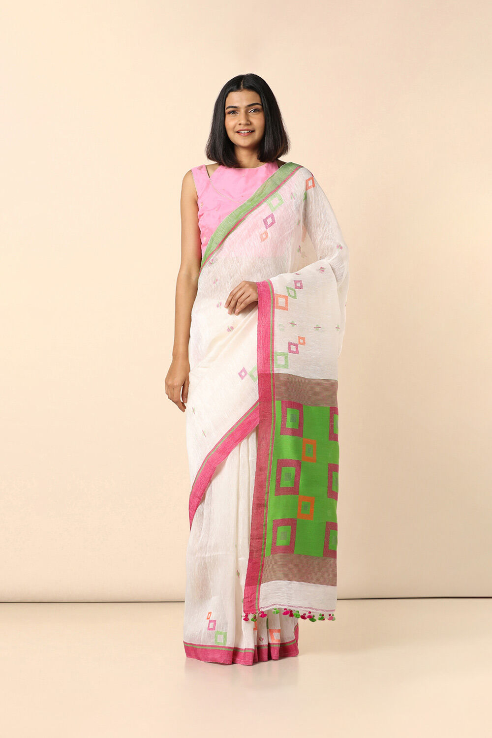 Off White Handwoven Jamdani Pure Silk Linen Saree image number null