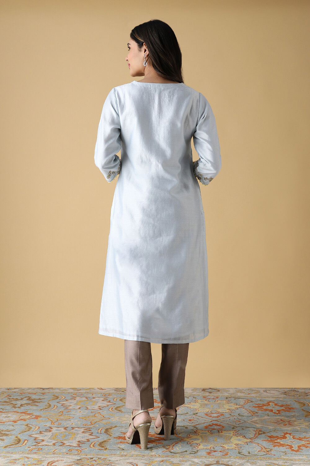 Light Blue Silk Cotton Embroidered Kurta image number null