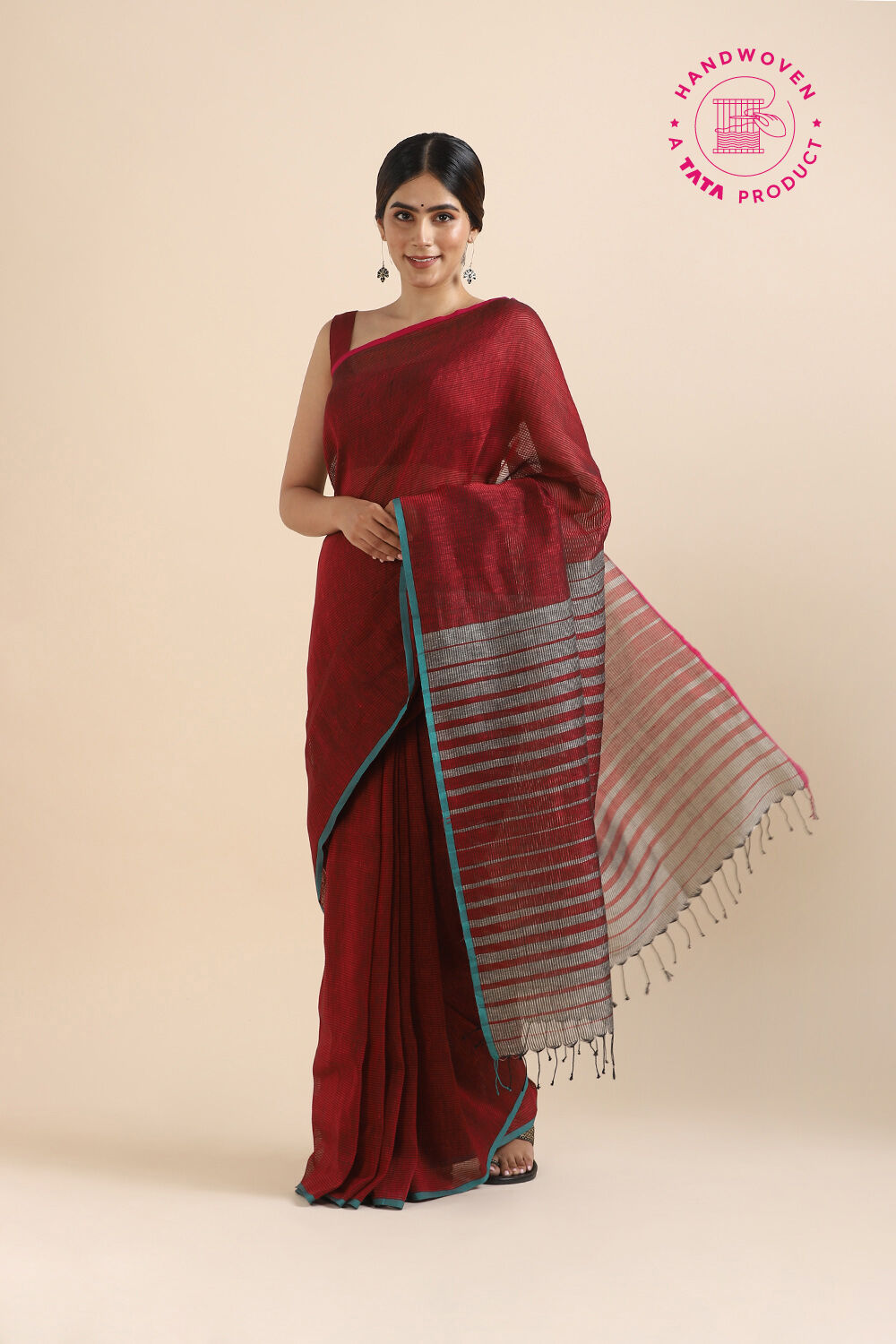 Dark Red Pure Cotton Linen Bengal Saree image number null