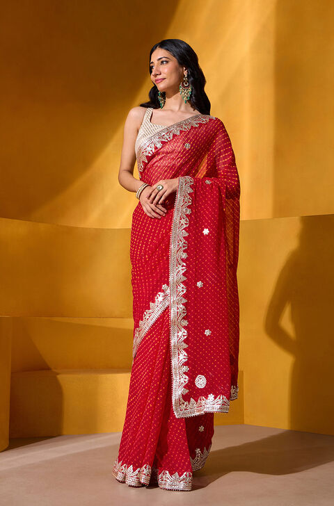 Red Pure Silk Georgette Embroidered Saree