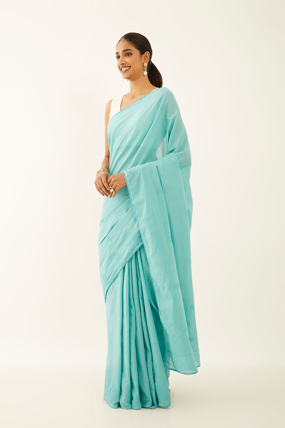 Light Blue Pure Cotton Chikankari Saree image number null