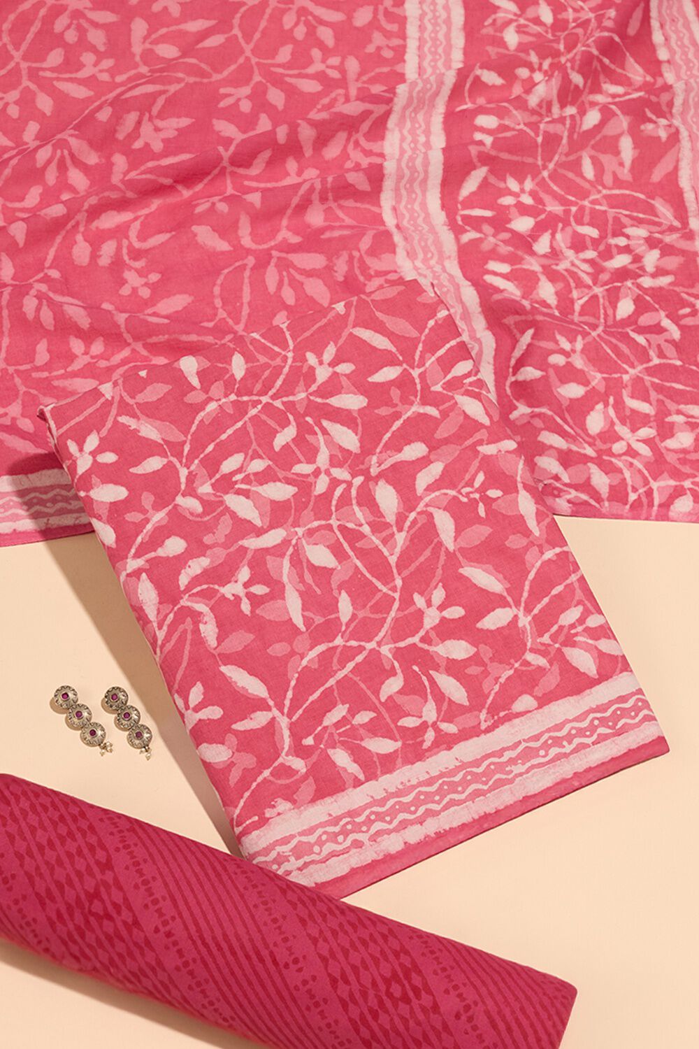 Pink Pure Cotton Dabu Block Printed Unstitched Suit Set image number null