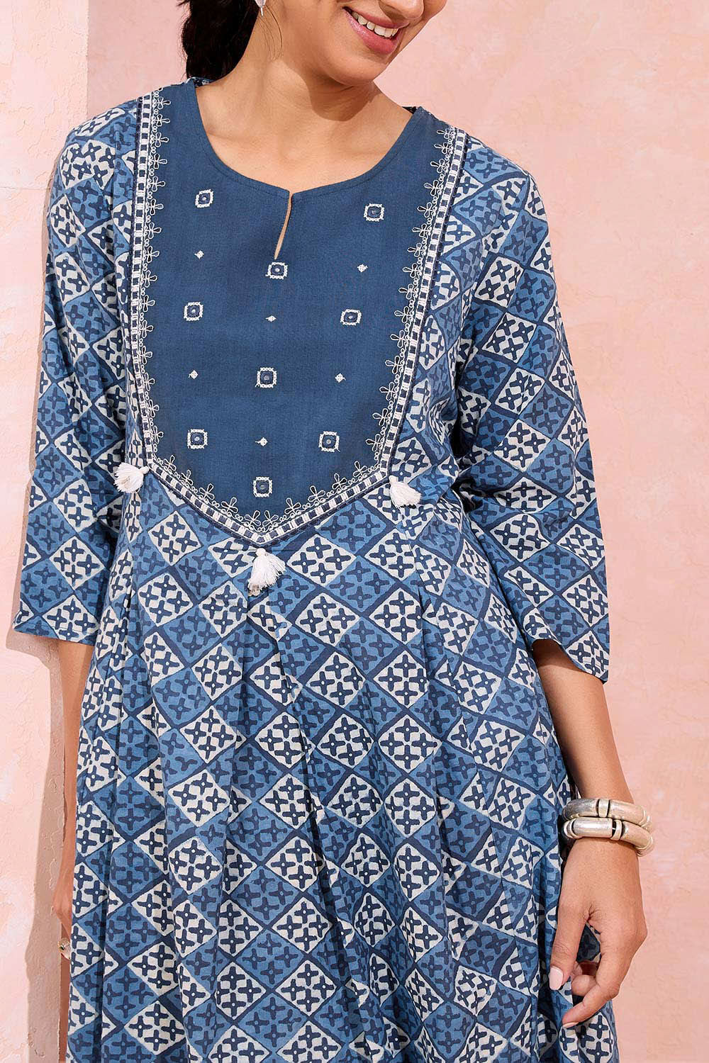 Dark Blue Pure Cotton Printed Embroidery Kurta image number null