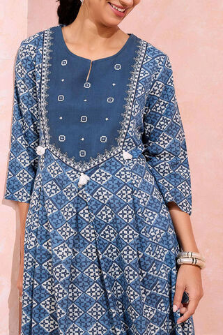 Dark Blue Pure Cotton Printed Embroidery Kurta thumbnail image number null