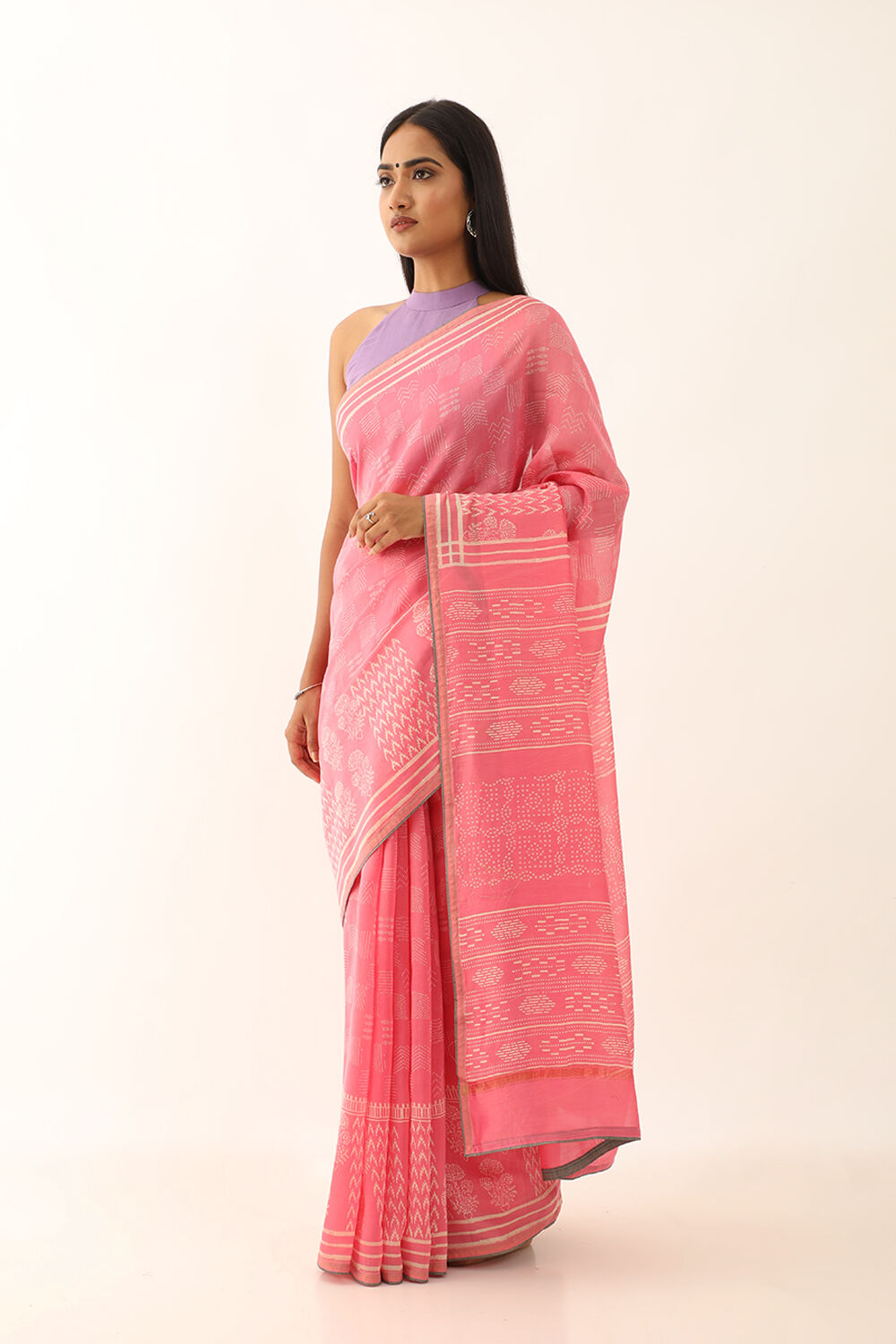 Light Pink Pure Silk Cotton Bagru Printed Saree image number null
