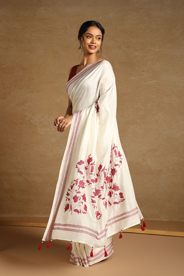 Off White Bengali Pure Silk Kantha Embroidery Saree