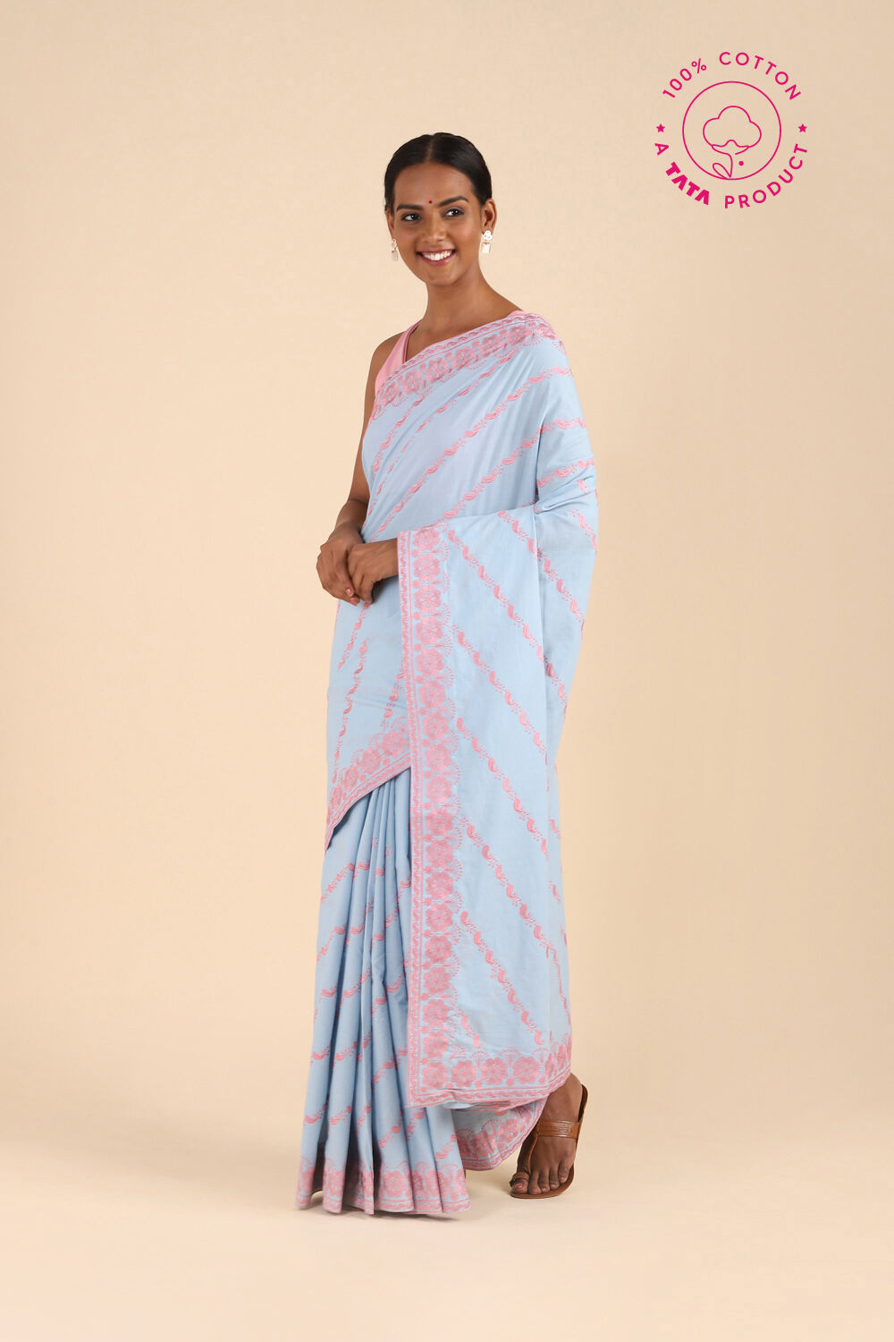 Light Blue Pure Cotton Embroidered Saree image number null
