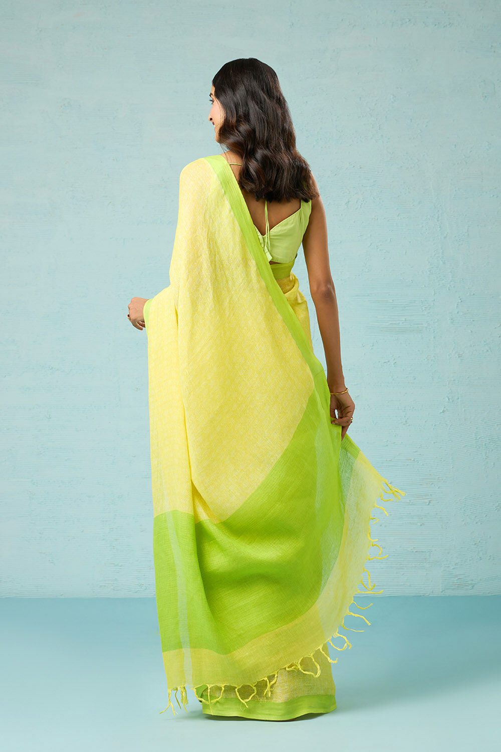 Yellow Screen Printed Pure Linen Saree image number null