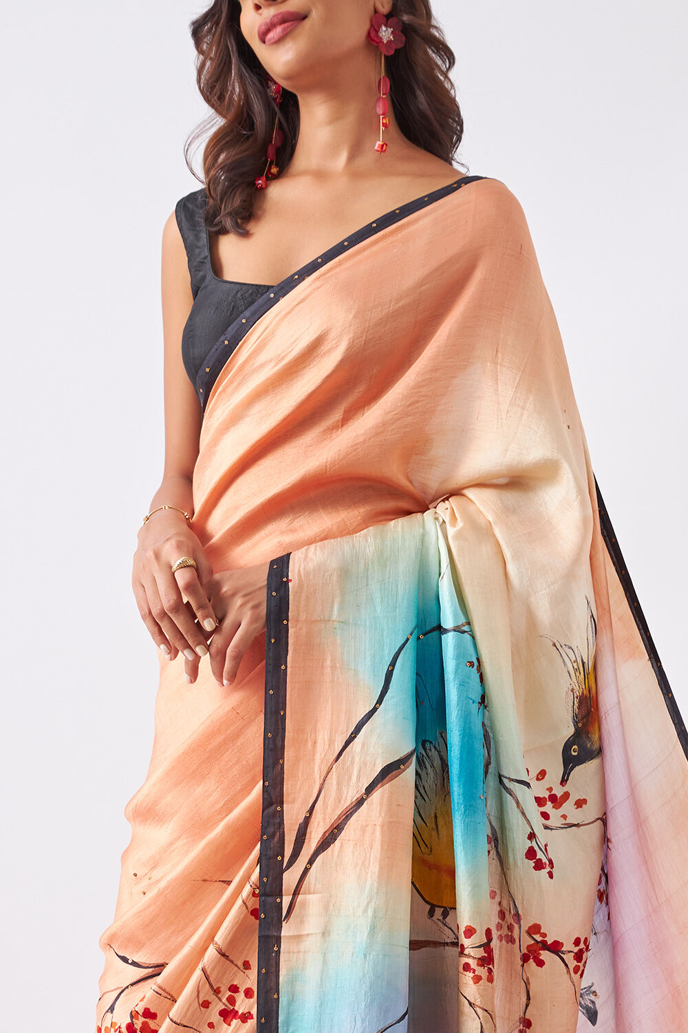 Light Orange Pure Silk Hand Painted Saree image number null