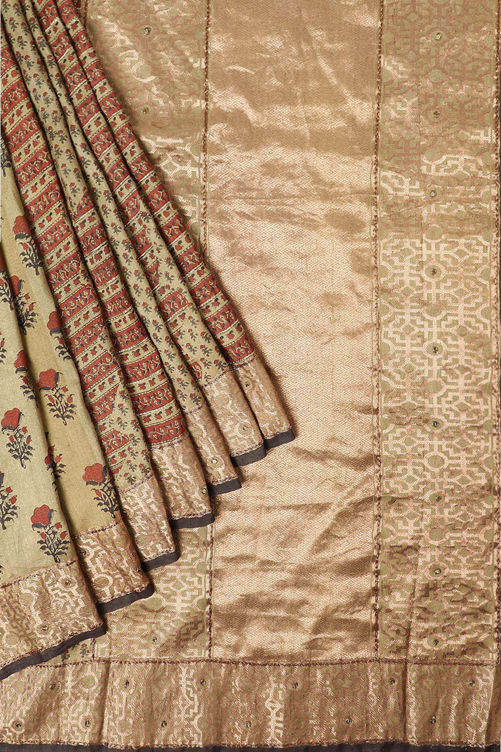Green Pure Silk Tussar Bagru Print and Zardosi Embroidered Saree image number null