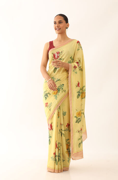 Light Yellow Bhagalpur Pure Tussar Cotton Screen Printed Saree