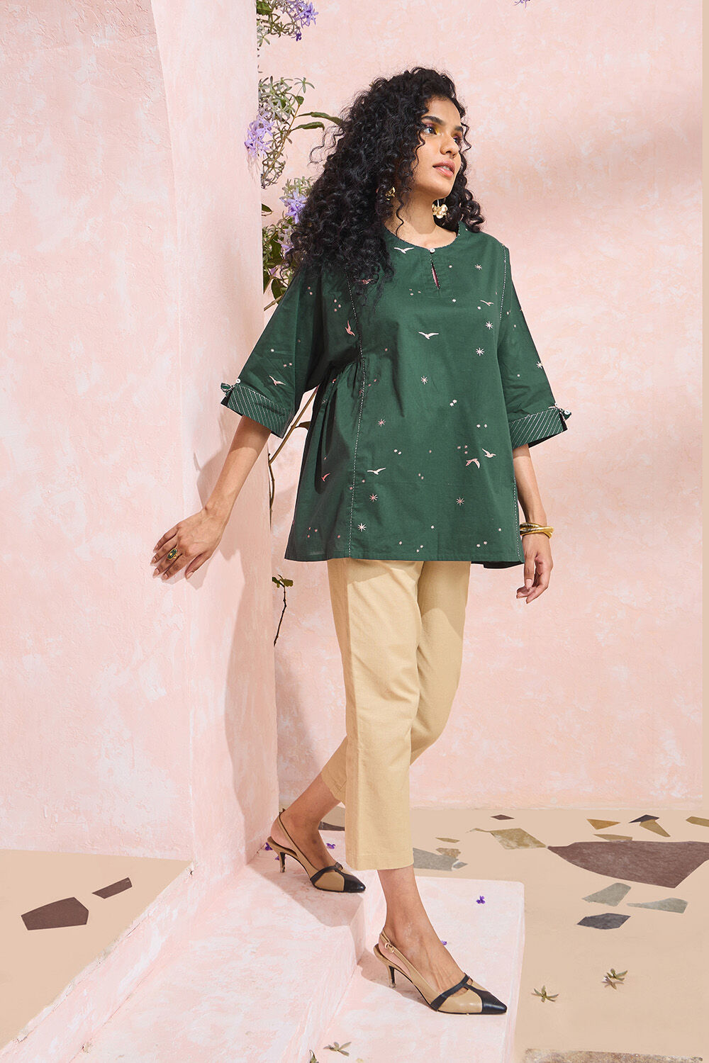 Dark Green Screen Printed Pure Cotton Short Top image number null