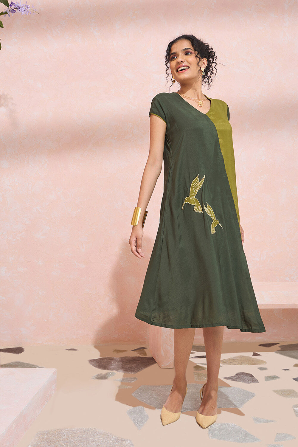 Dark Green Viscose Embroidered Dress image number null