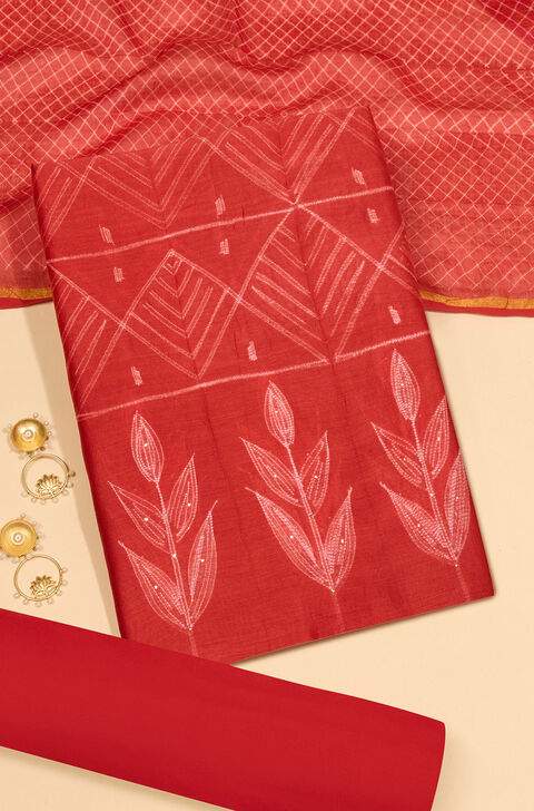 Red Tie and Dye Shibori Pure Silk Cotton Unstitched Suit Set