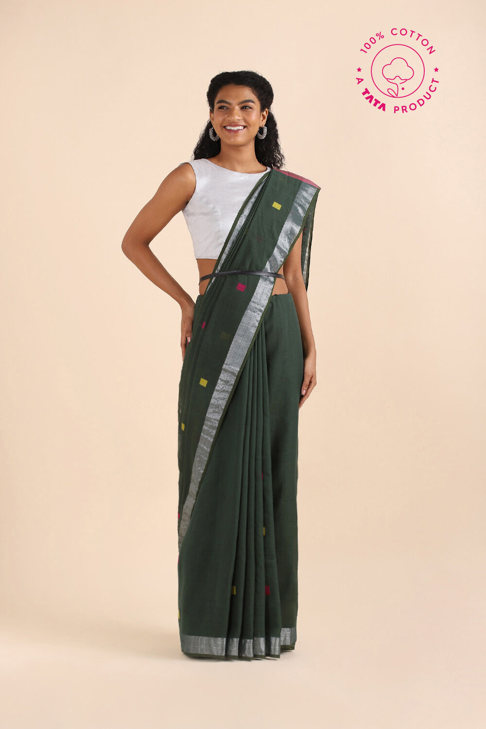 Dark Green Pure Cotton Jamdani Saree image number null