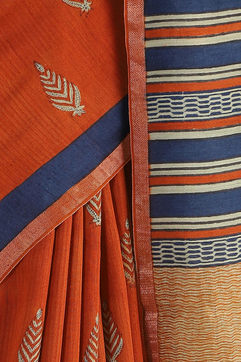 Orange Hand Blockprinted Pure Tussar Vanya Saree image number null