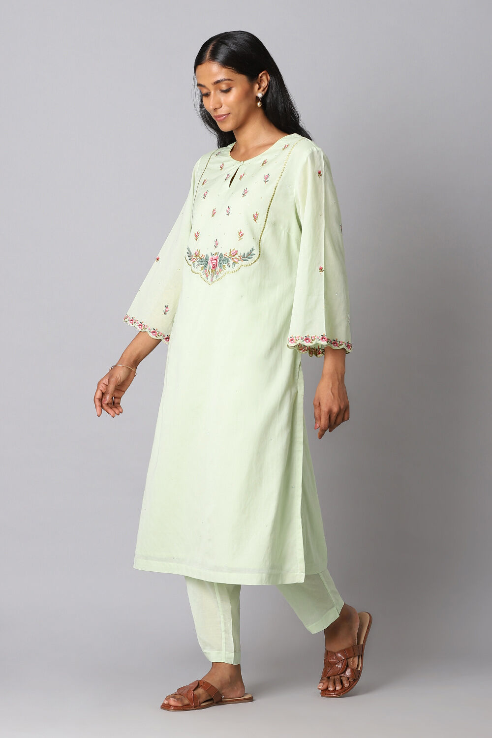 Light Green Viscose Embroidery Kurta Set image number null