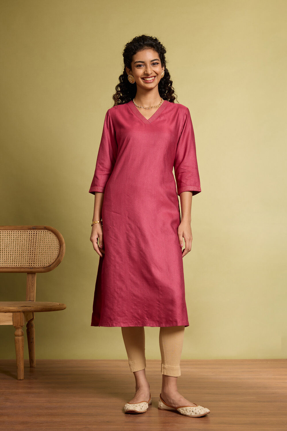 Red Silk Viscose Embroidered Kurta image number null