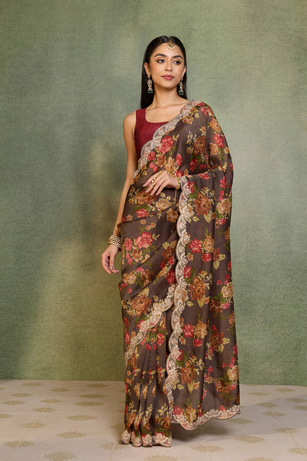 Brown Embroidered Pure Viscose Saree image number null