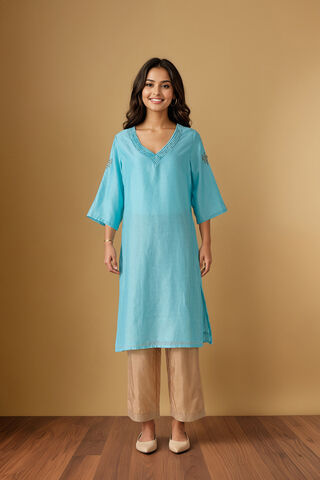 Light Blue Embroidered Pure Silk Cotton Kurta thumbnail image number null