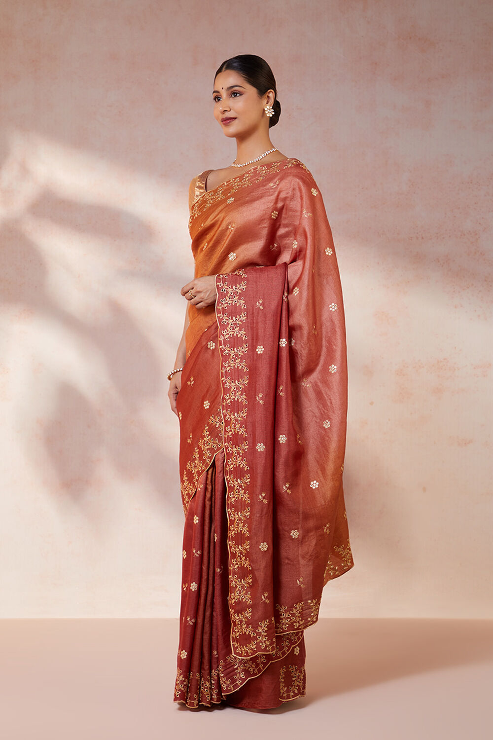 Orange Pure Tussar Silk Embroidered Saree image number null