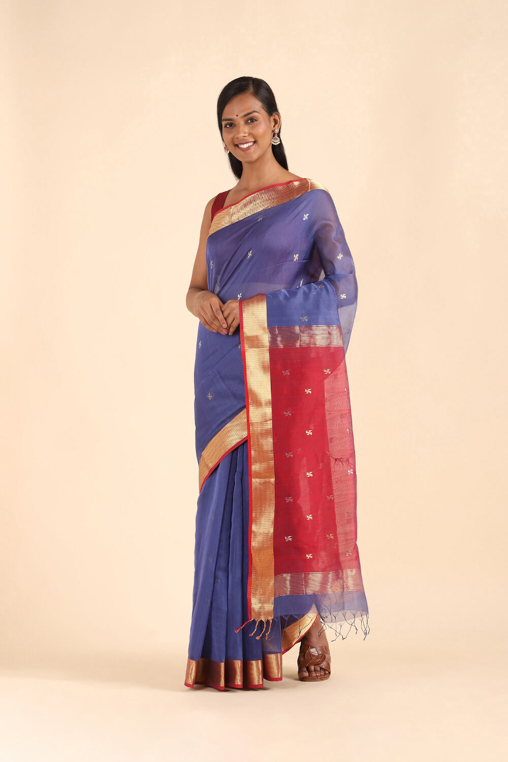 Dark Blue Pure Silk Cotton Maheshwari Saree image number null