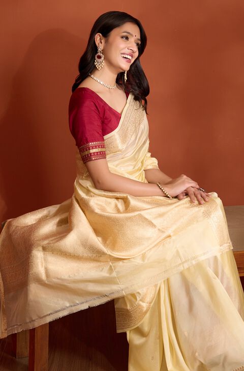 Off White Silk Viscose Banaras Cutwork Saree