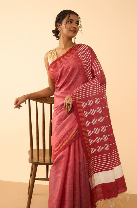 Red Bhagalpur Woven Pure Tussar Silk Saree