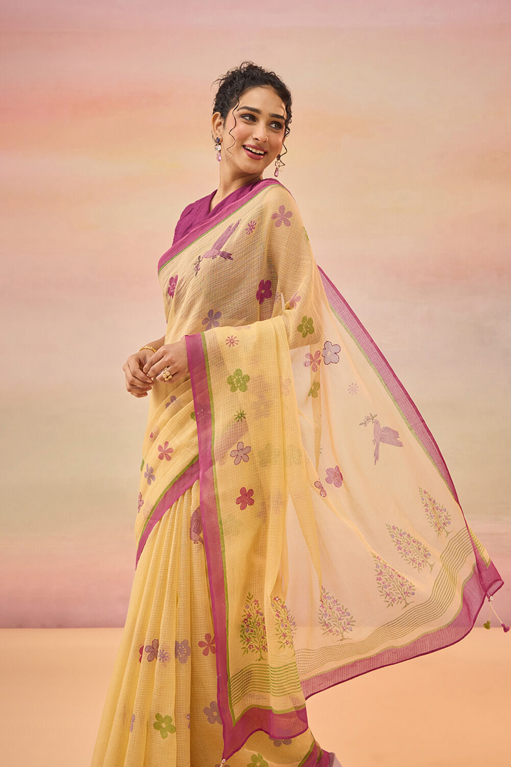 Beige Bengal Pure Kota Hand Painted Saree image number null