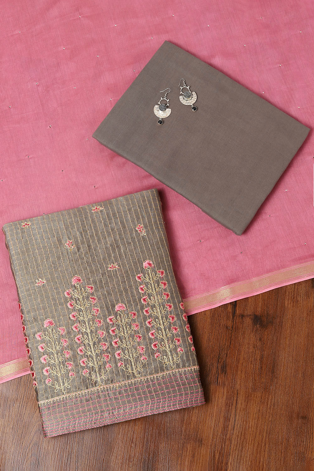 Grey Silk Cotton Embroidered Unstitched Suit Set image number null