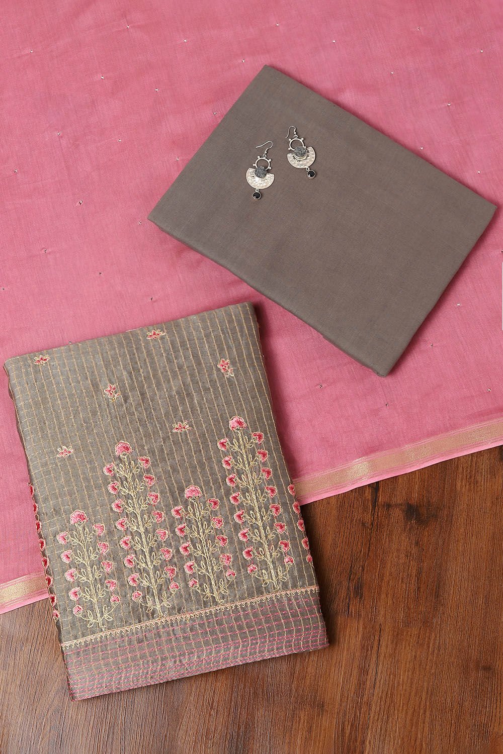 Grey Silk Cotton Embroidered Unstitched Suit Set image number null