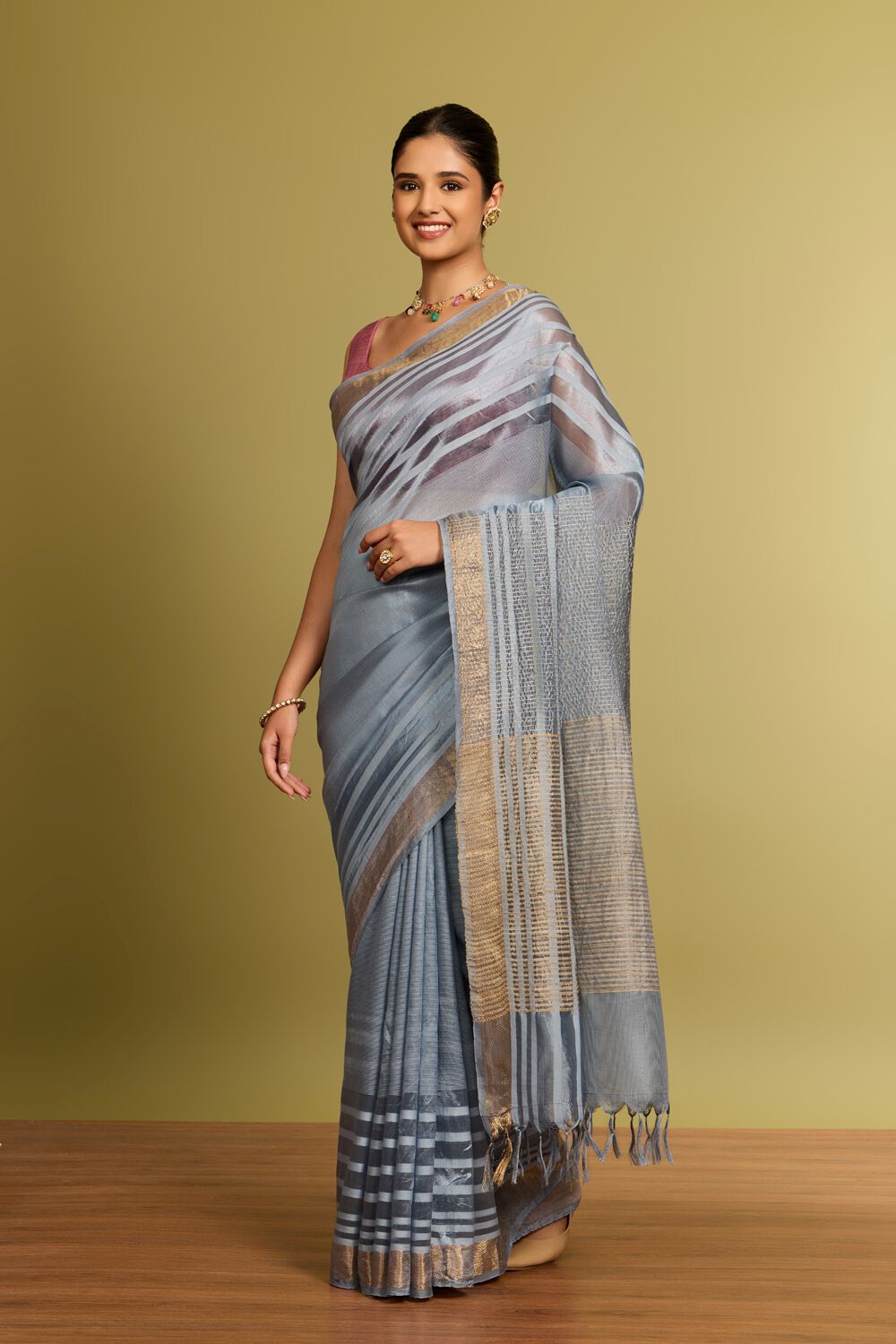 Grey Bhagalpur Woven Silk Tencel Saree image number null