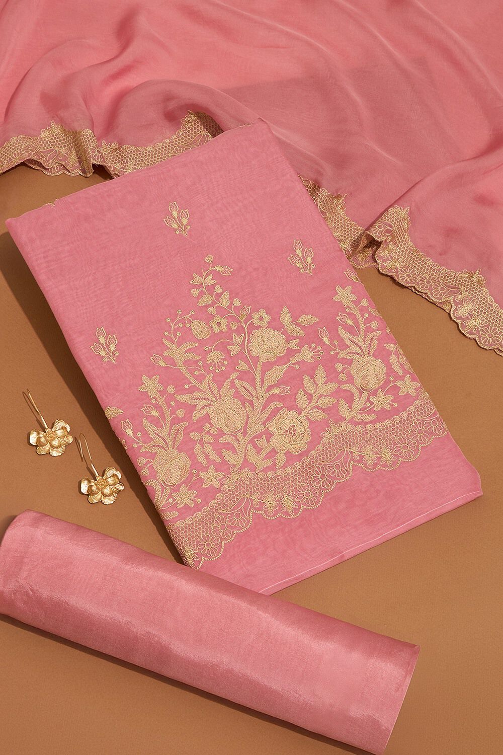 Pink Viscose Embroidered Unstitched Suit Set image number null