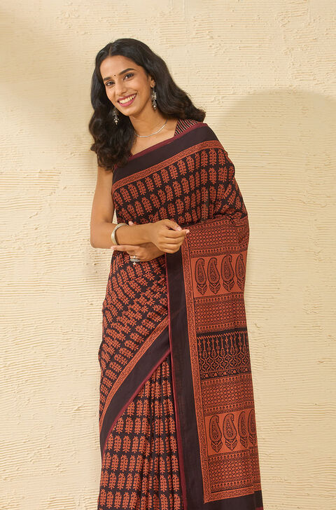Dark Orange Bagh Block Printed Pure Cotton Saree