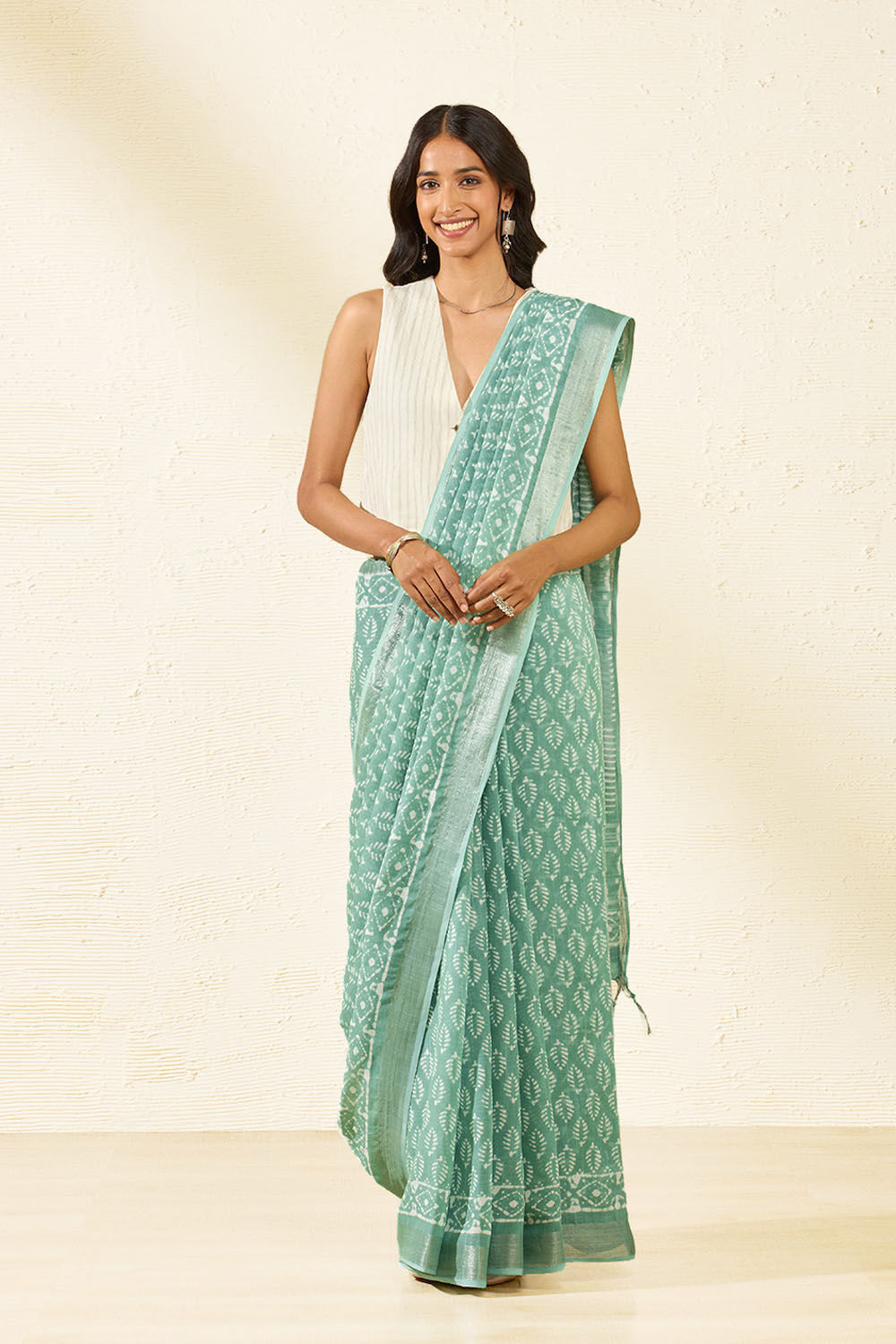 Green Block Printed Cotton Viscose Saree image number null