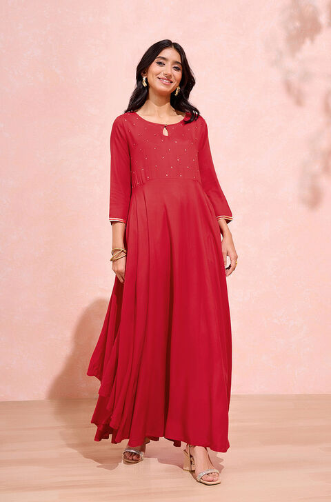Red Viscose Embroidered Kurta