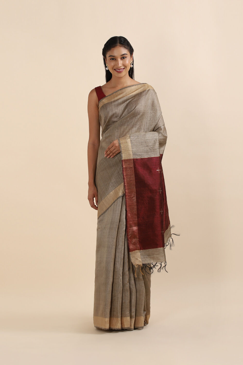 Beige Pure Tussar Bhagalpuri Saree image number null
