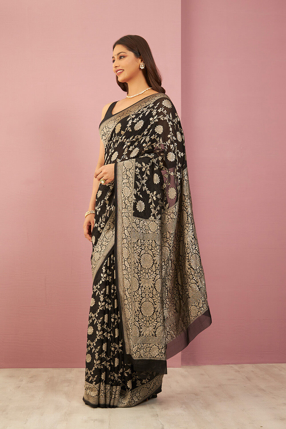 Black Pure Silk Georgette Cutwork Banaras Saree image number null