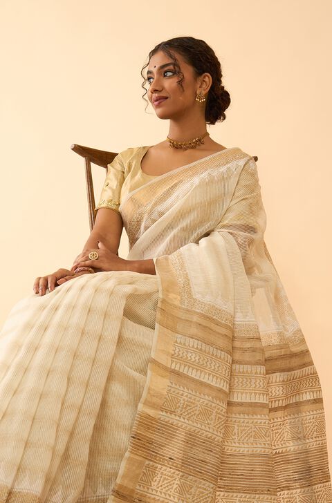 Off White Pure Silk Block Printed Bengal Saree