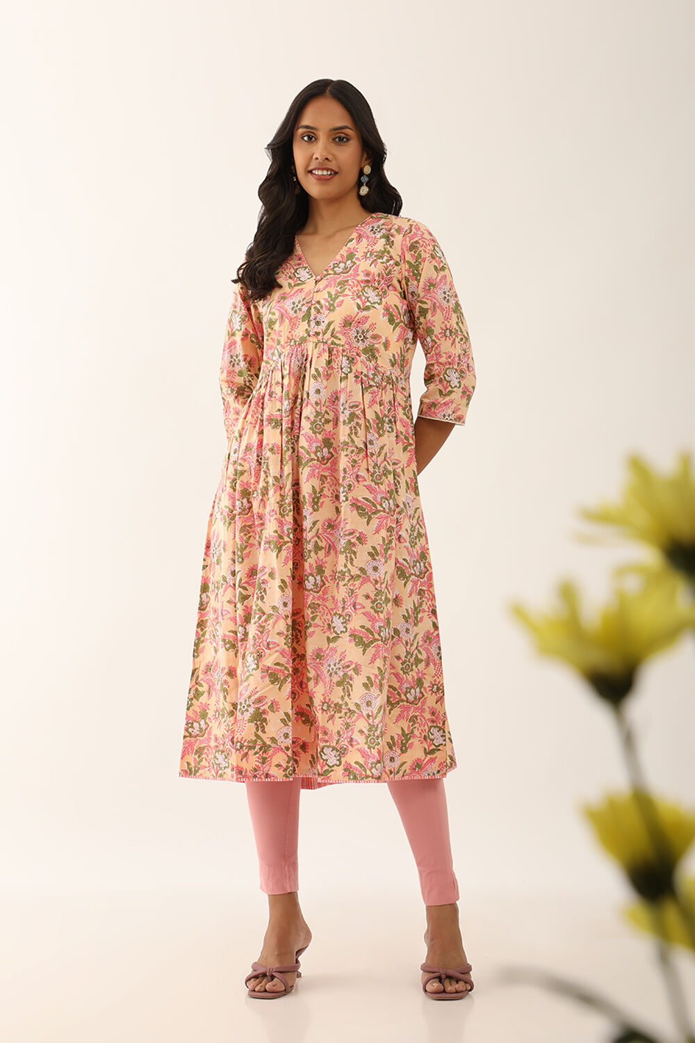 Yellow Pure Cotton Sanganeri Block Printed Kurta image number null