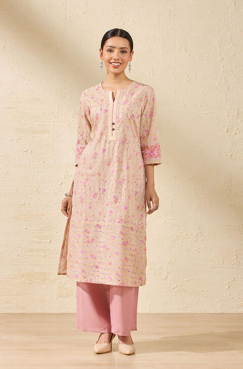 Beige Sanganeri Block Printed Pure Cotton Kurta