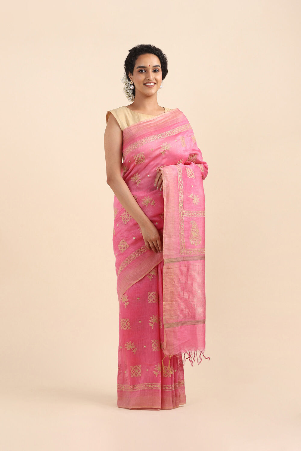 Light Pure Pink Linen Embroidered Saree image number null