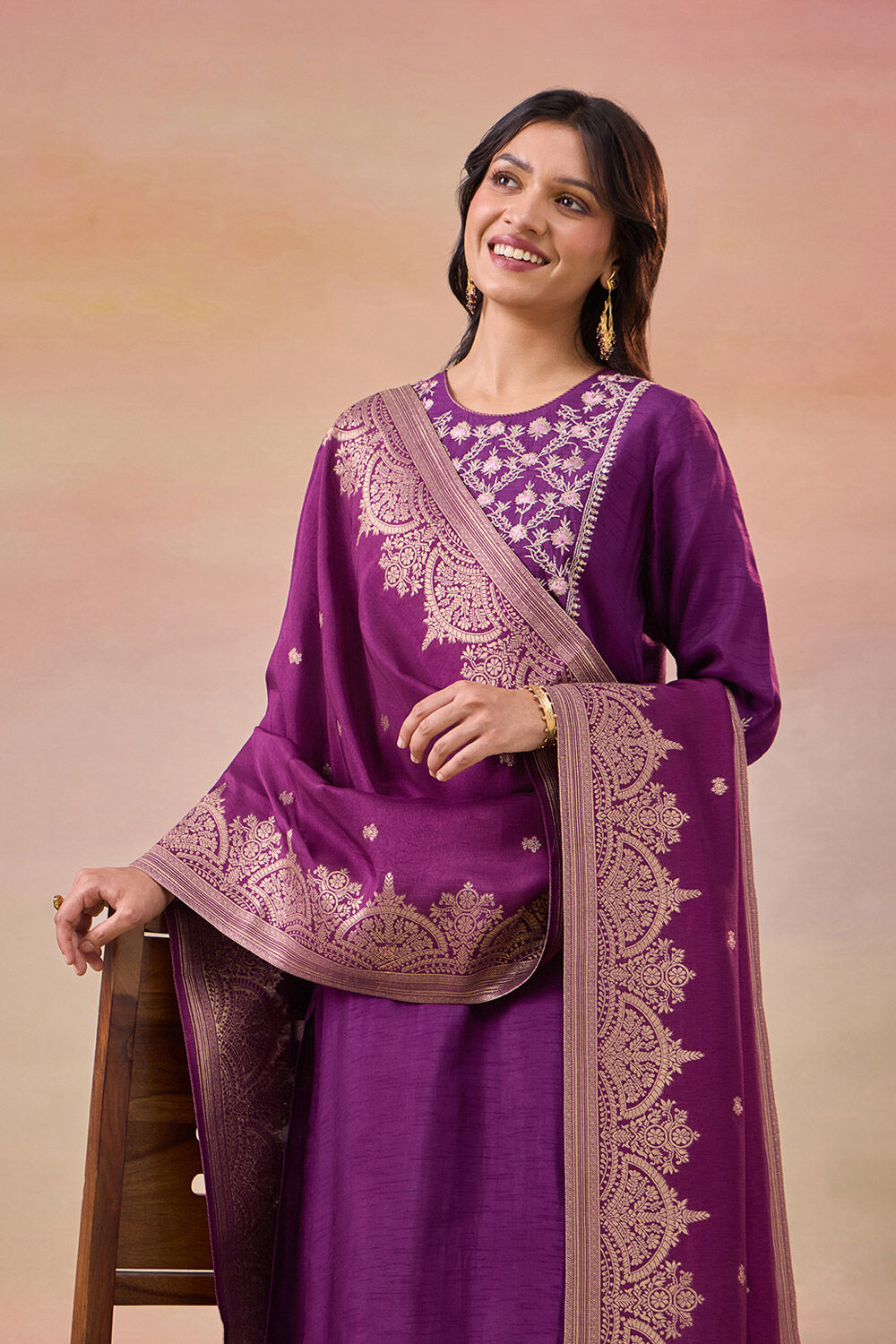 Dark Violet Pure Viscose Embroidered Kurta Set image number null
